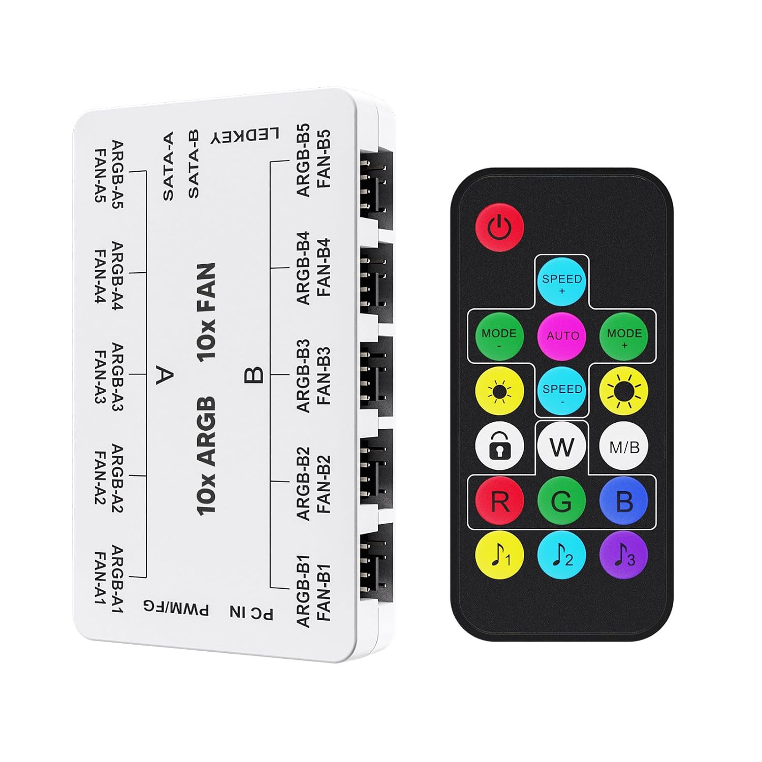 White ARGB & PWM Case Fan Hub with Remote | SATA Power 10-Port 4-Pin PWM