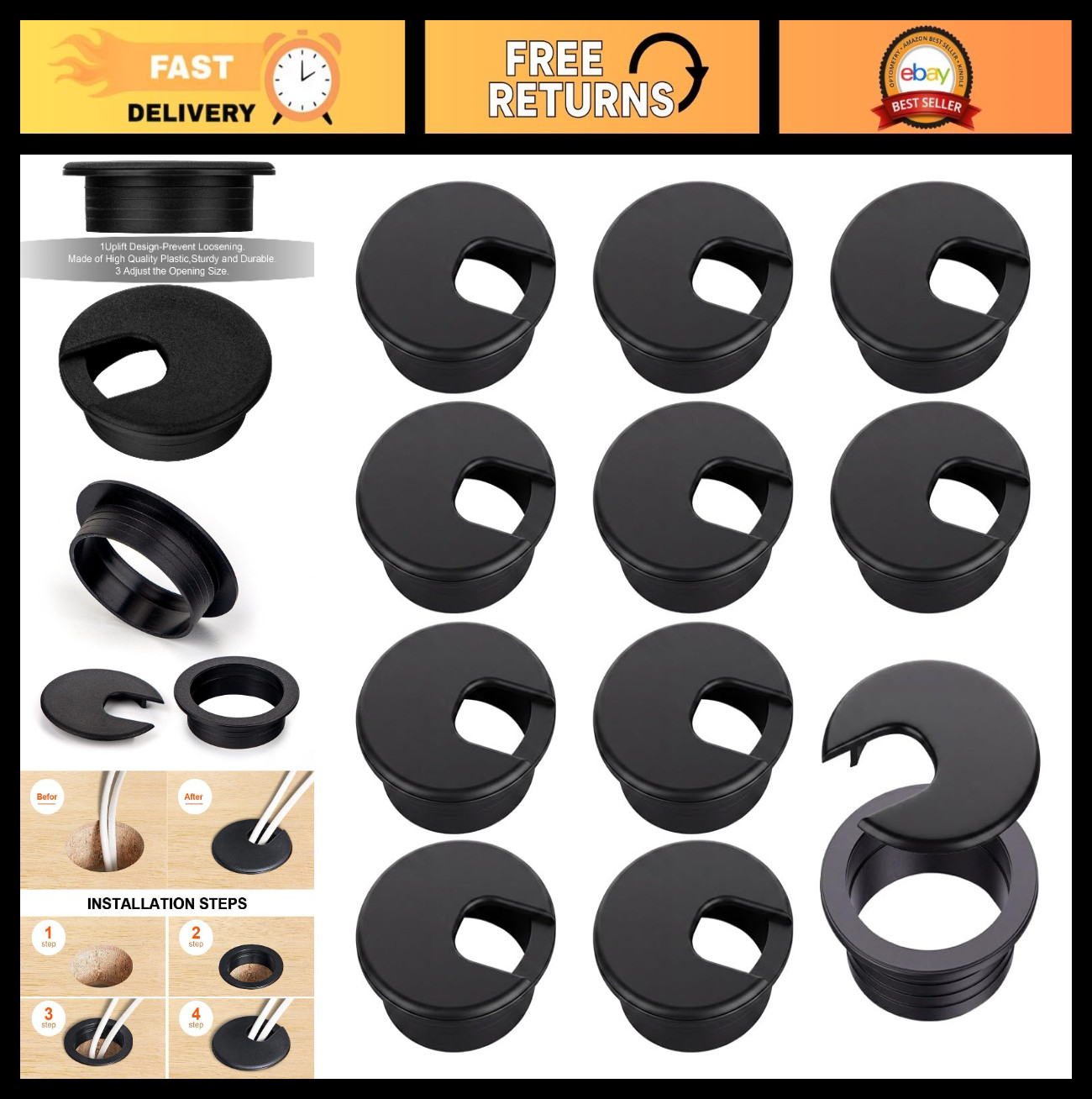 10 Pack Round Plastic Grommets - Black Cable Hole Covers for Desk & TV Stands