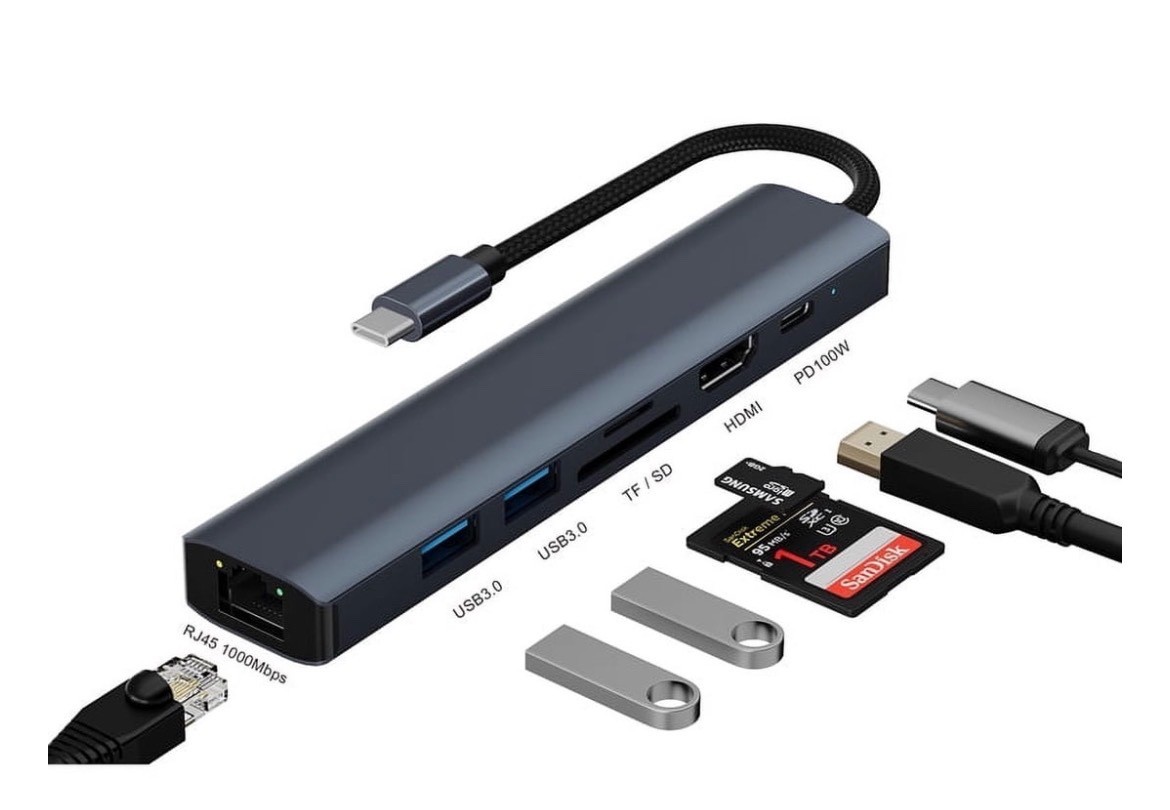 Type-C Adapter 7-in-1: HDTV 3.0 HUB & Gigabit Ethernet & SD/TF Card & PD, 4K NIB