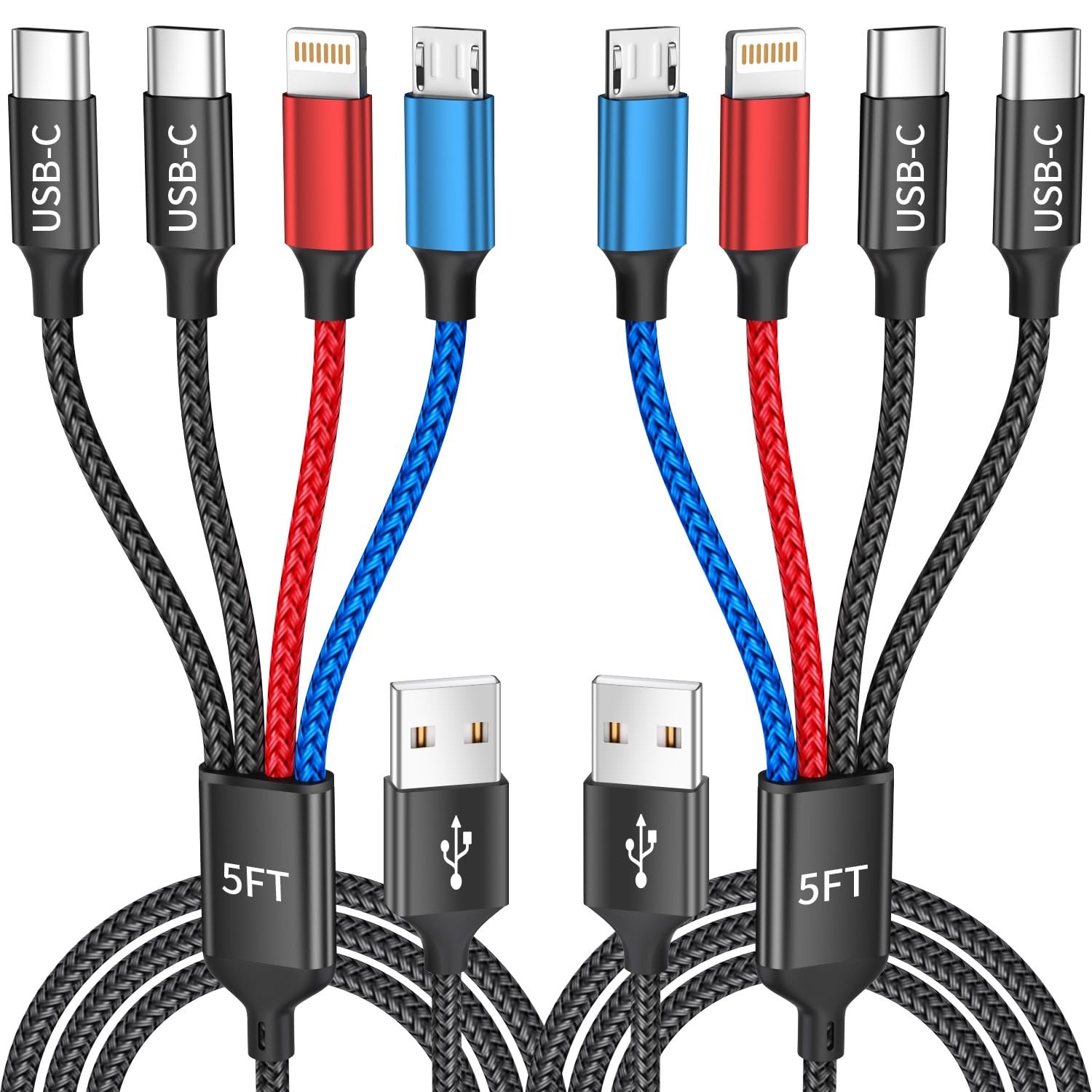 Dual TypeC 4 in 1 Multi Charging Cable, 2Pack 5FT, Black&Red&Blue