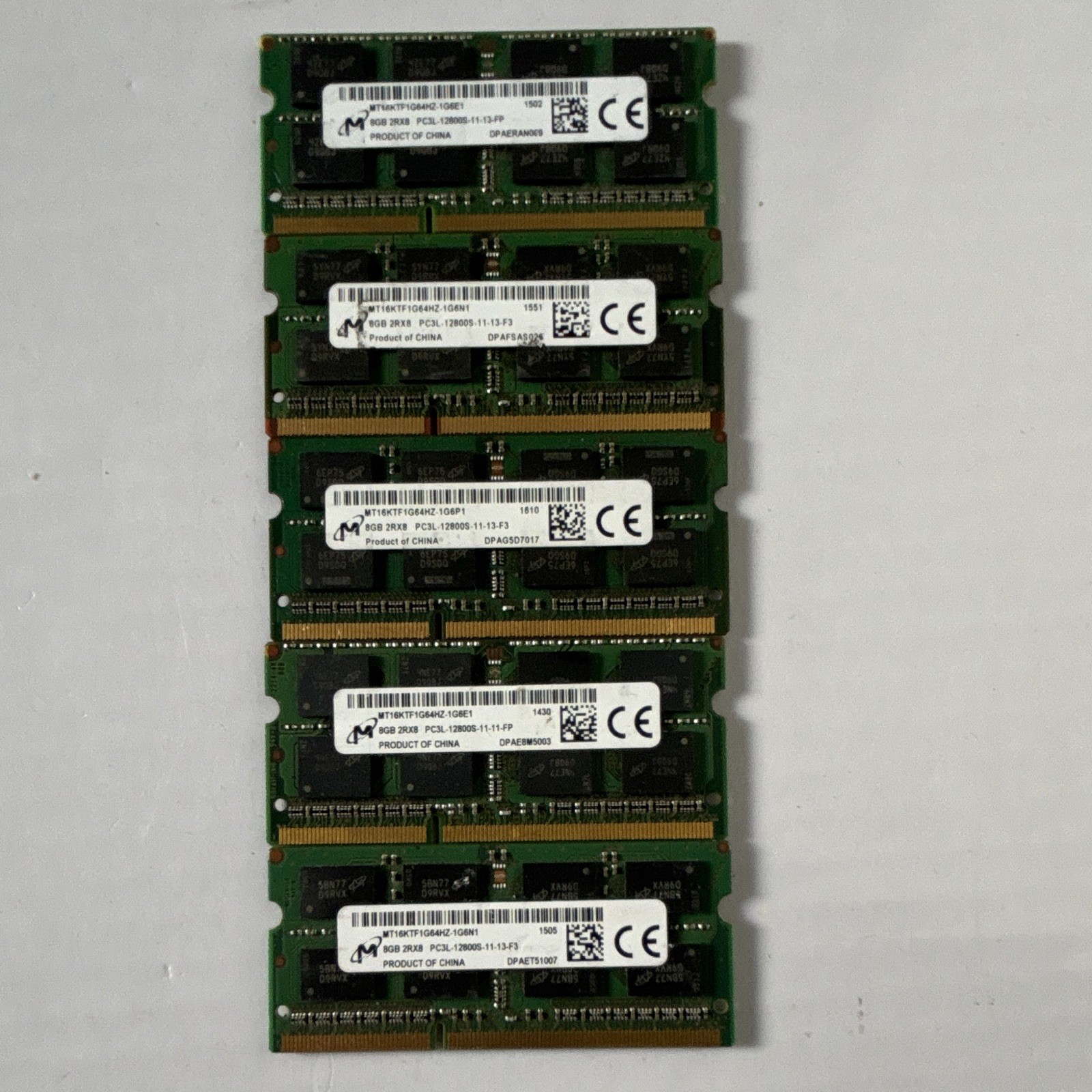 Lot of 5 Micron 8GB DDR3L-1600 PC3L-12800S 204-Pin SO-DIMM RAM 40GB