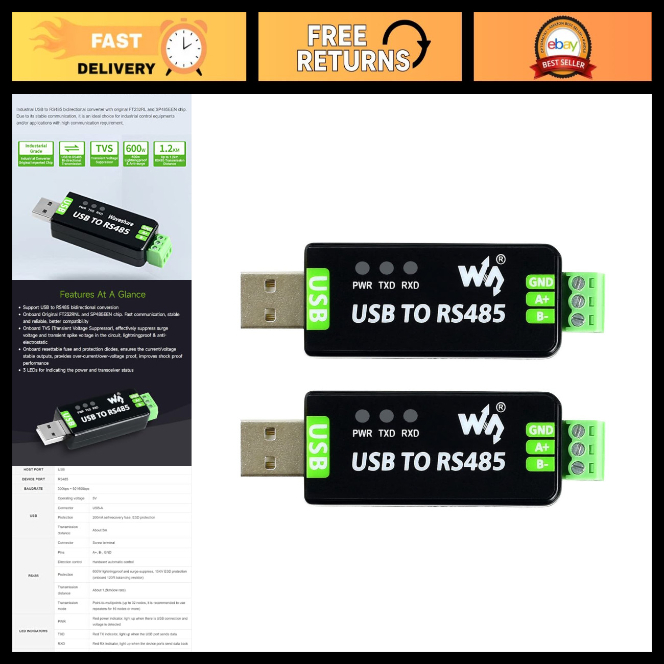 2PCS USB to RS485 Converter FT232RL SP485EEN for Industrial Control Systems