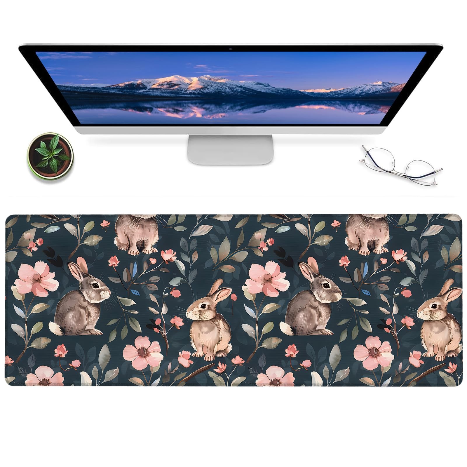 Cute Bunny And Floral Gaming Mouse Pad 12x31.5 Inch Non Slip Woodland Mat Art