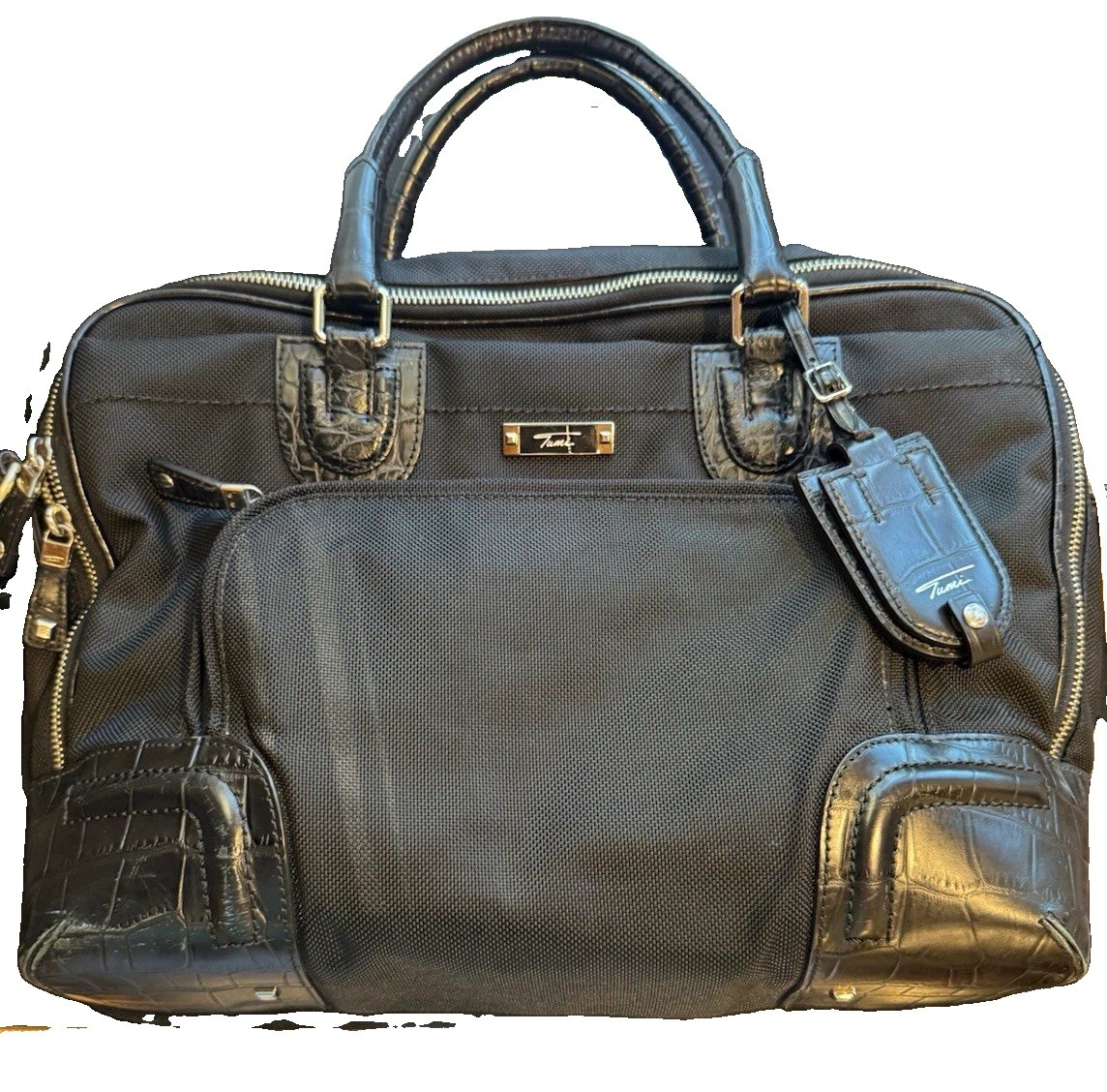 TUMI 73226D Black Leather Nylon Laptop Briefcase 15in Padded Adjustable Strap