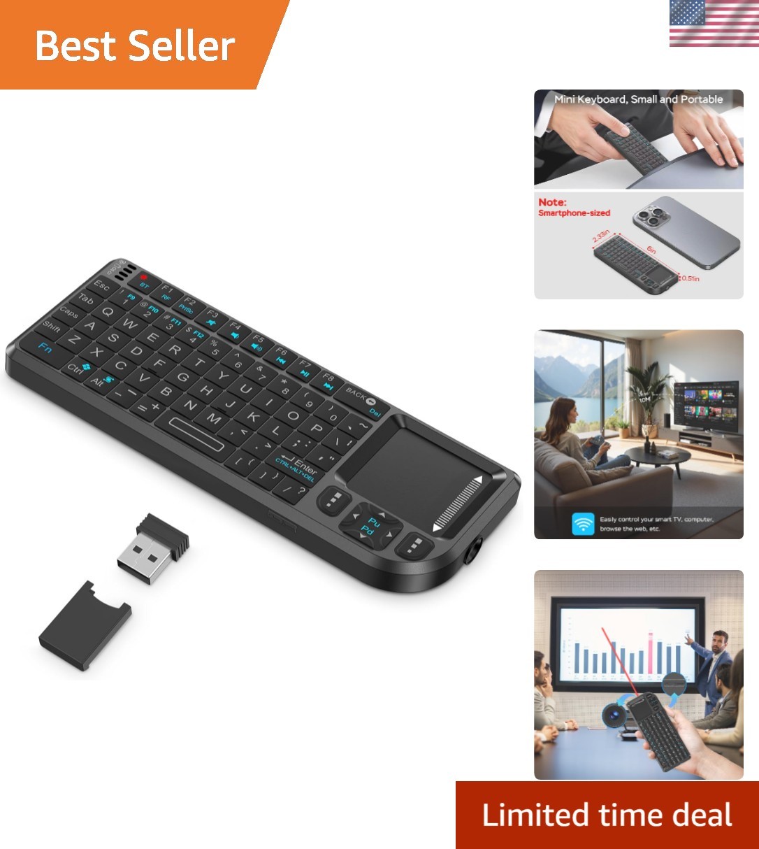 Multi-Functional K808 Mini Keyboard with Touchpad, Rechargeable & 7-Color Light