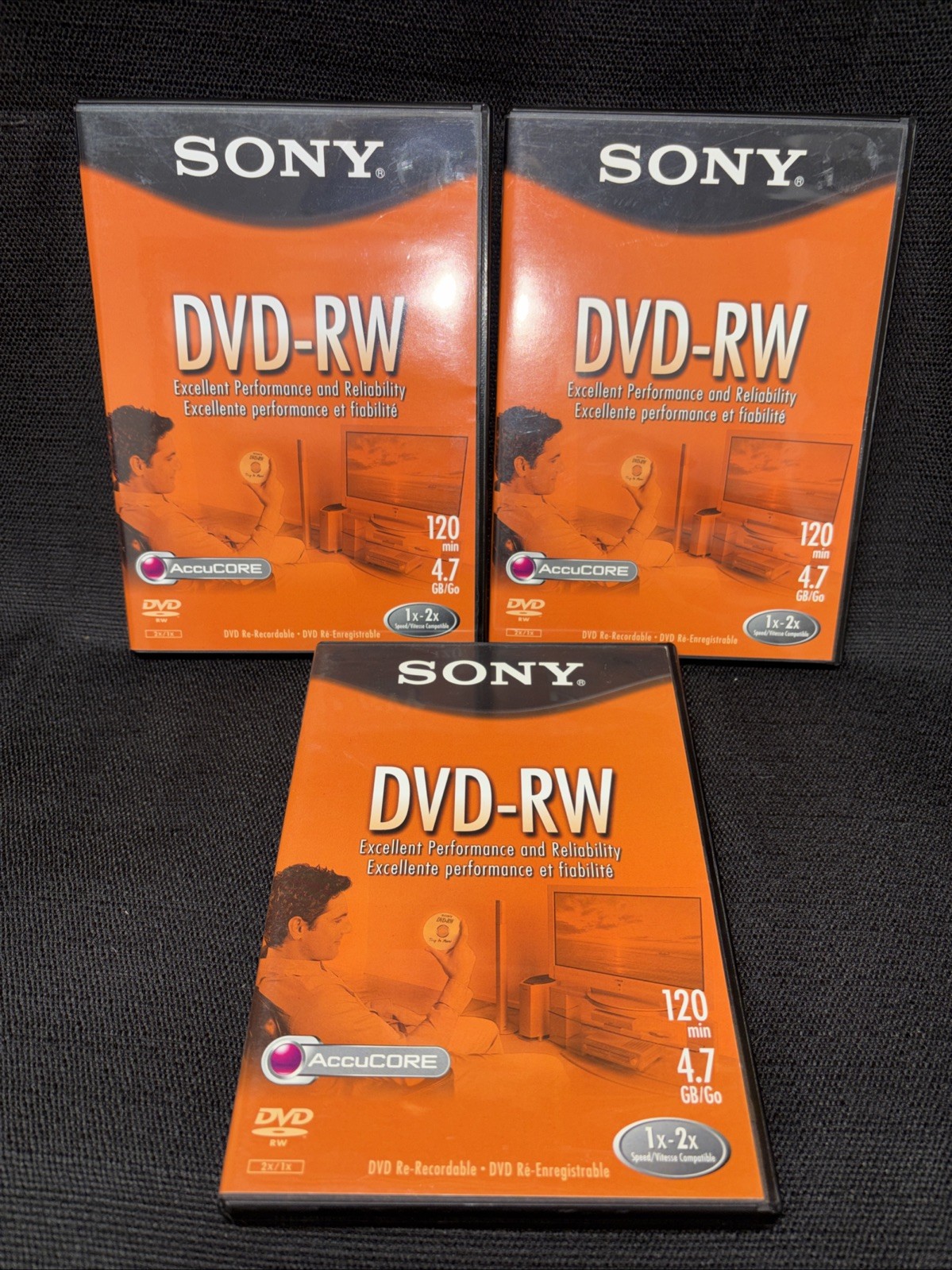 Sony DVD-RW Blank Recordable 4.7GB 120 Min 1x-2x AccuCORE New Unused Lot of 3