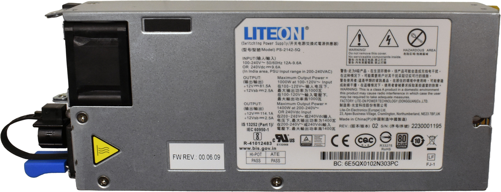 Liteon Power Supply / Power Supply PS-2142-5Q 1400W 80 Plus Platinum for Quanta