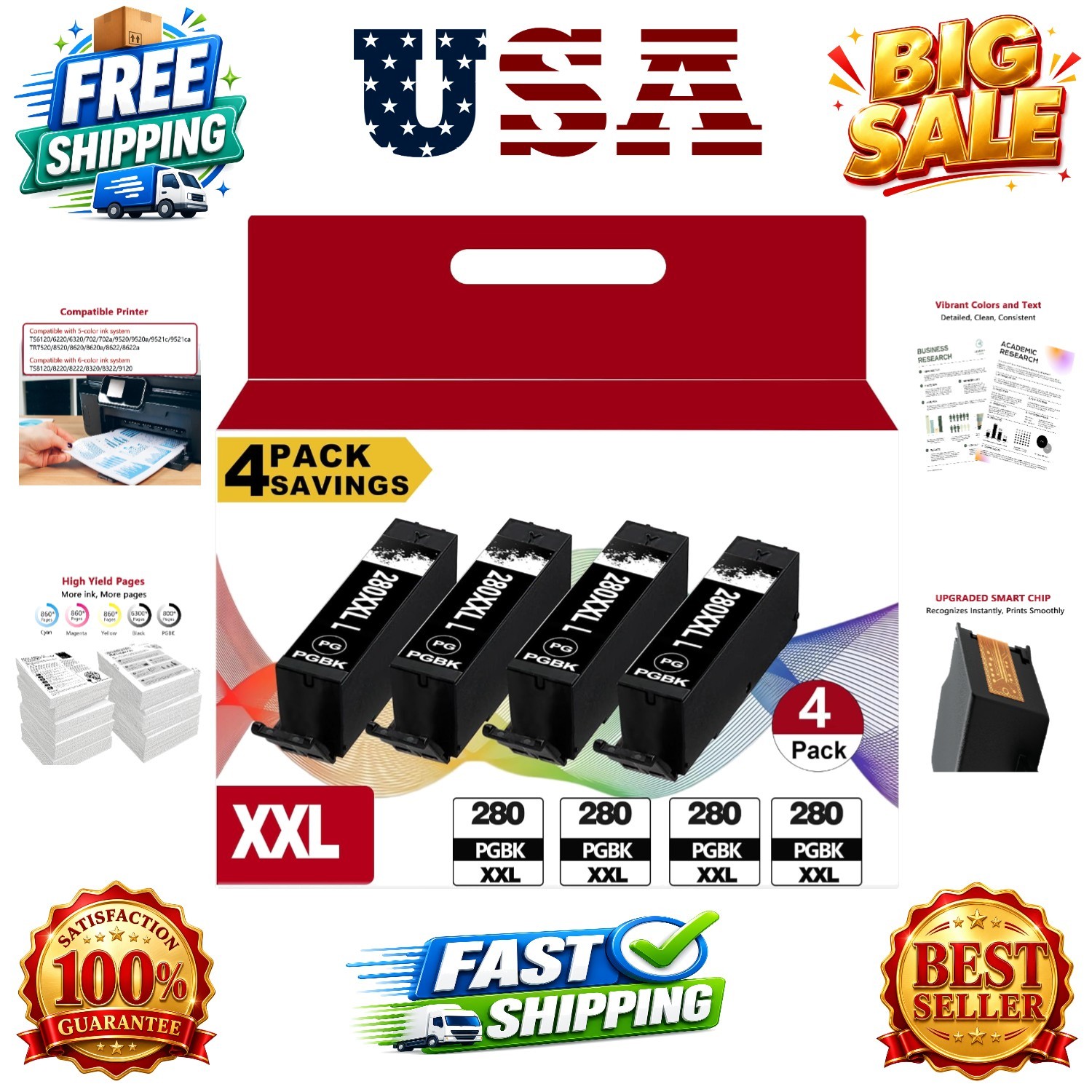 4 Pack PGI-280XXL Black Ink Cartridges Replacement for 280 XXL Ink, High Yiel...
