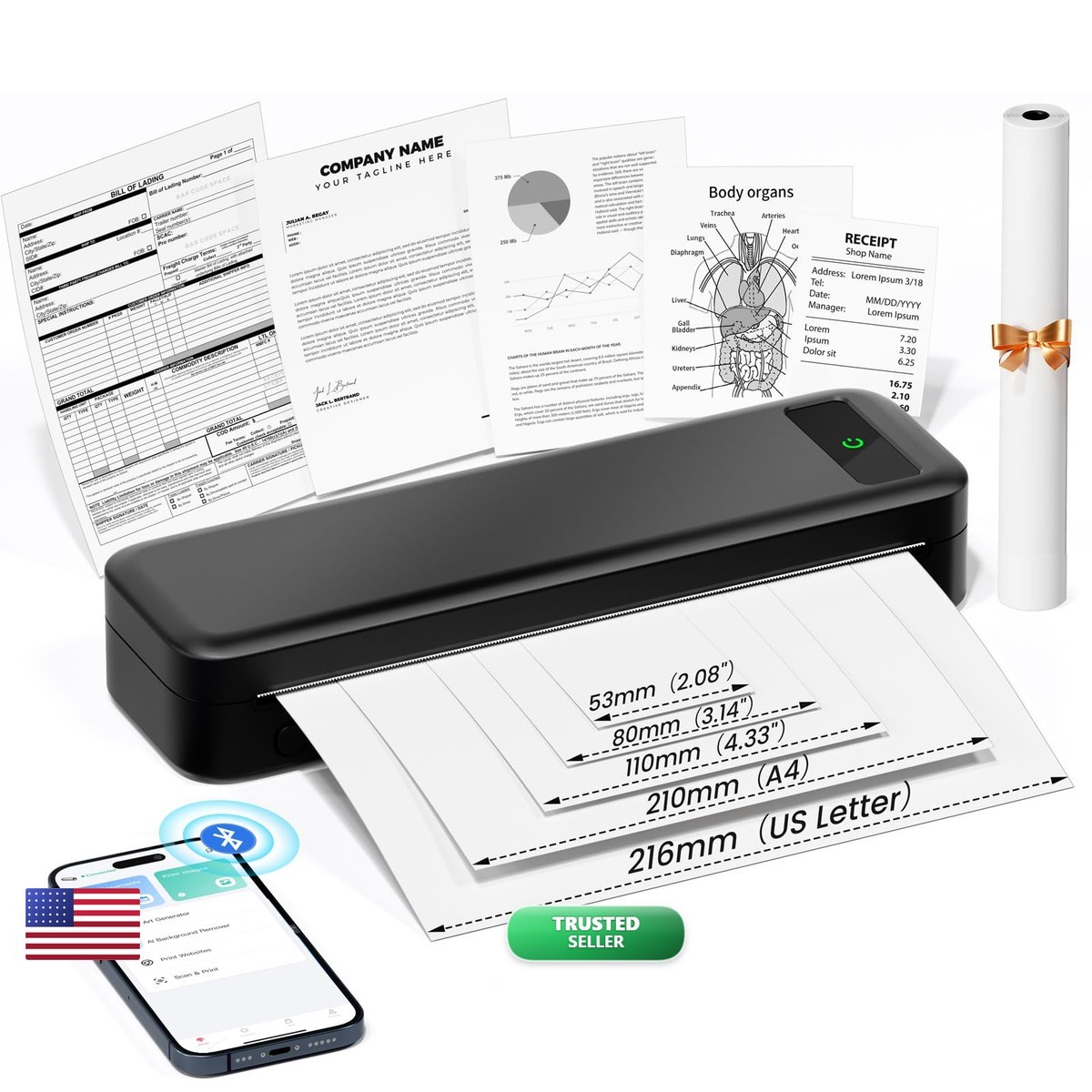 TATTMUSE Portable Printers Wireless Travel, A285M Small Inkless Thermal Printer