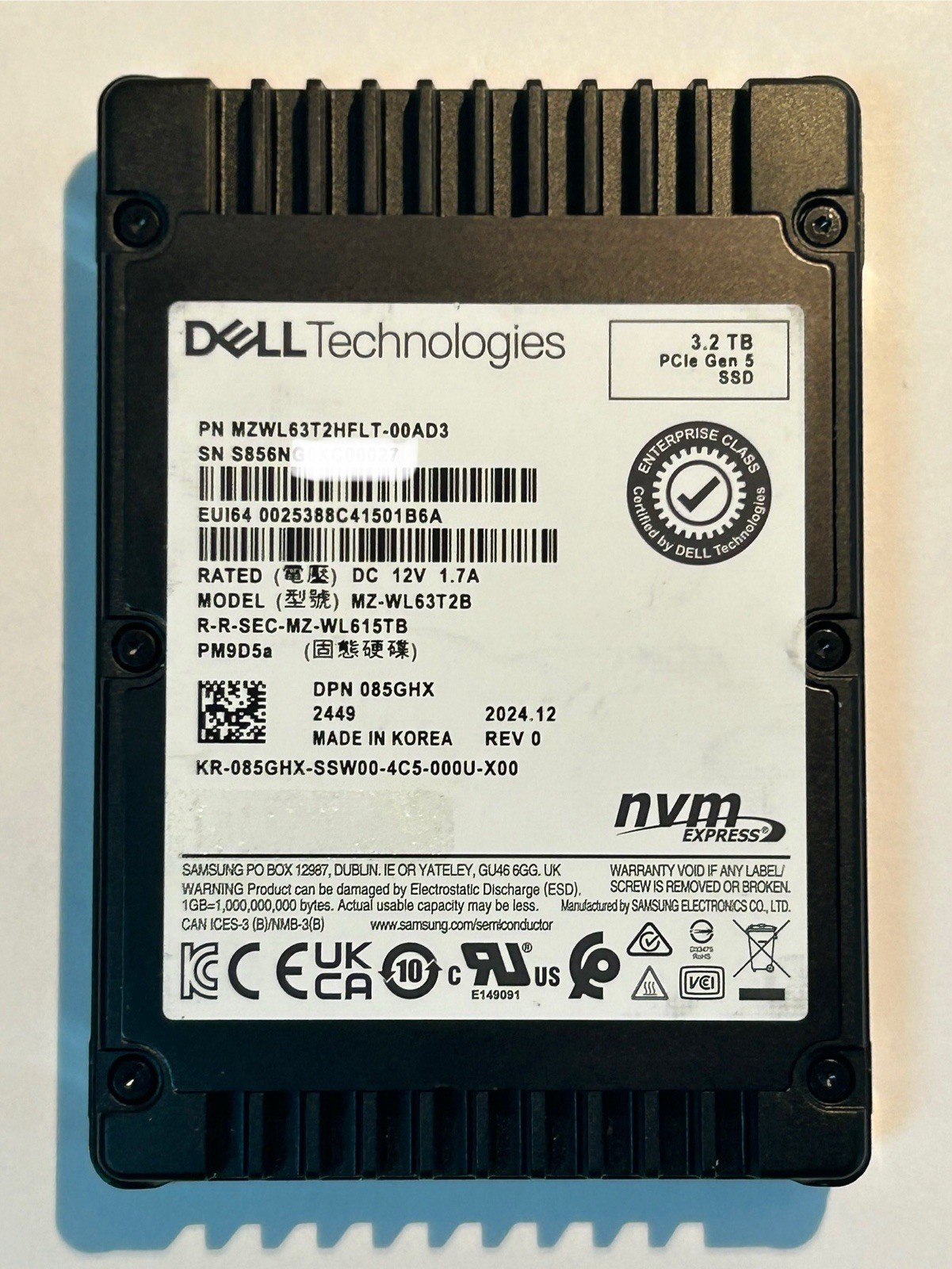 Dell 085GHX 3.2TB NVMe PCIe Gen5.0 SSD MU U.2 -100% Life Used Once