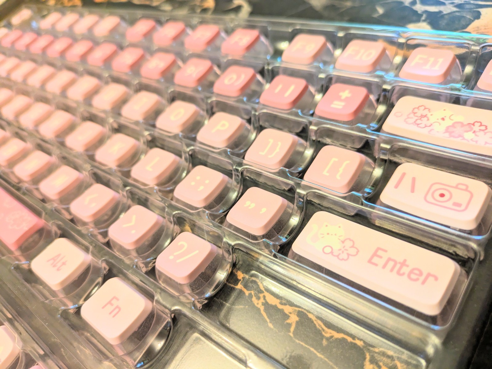 Kawaii Kitties Keycaps Pink/White Keyboard Set Cat & Floral QWERTY English Open