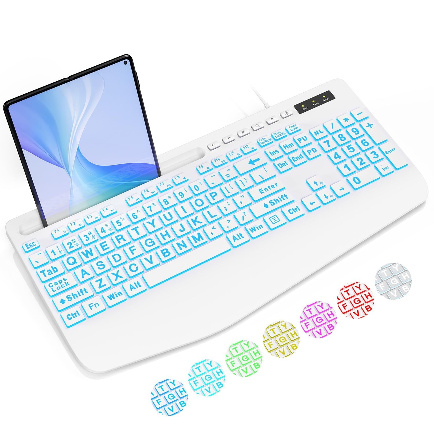 SABLUTE Large Print Backlit Wired USB Keyboard Wrist Rest White Tested New