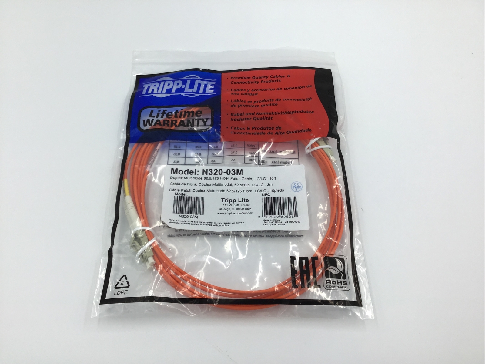 Genuine Tripp Lite N320-03M Duplex Multimode Fiber Patch Cable, LC/LC - 10ft