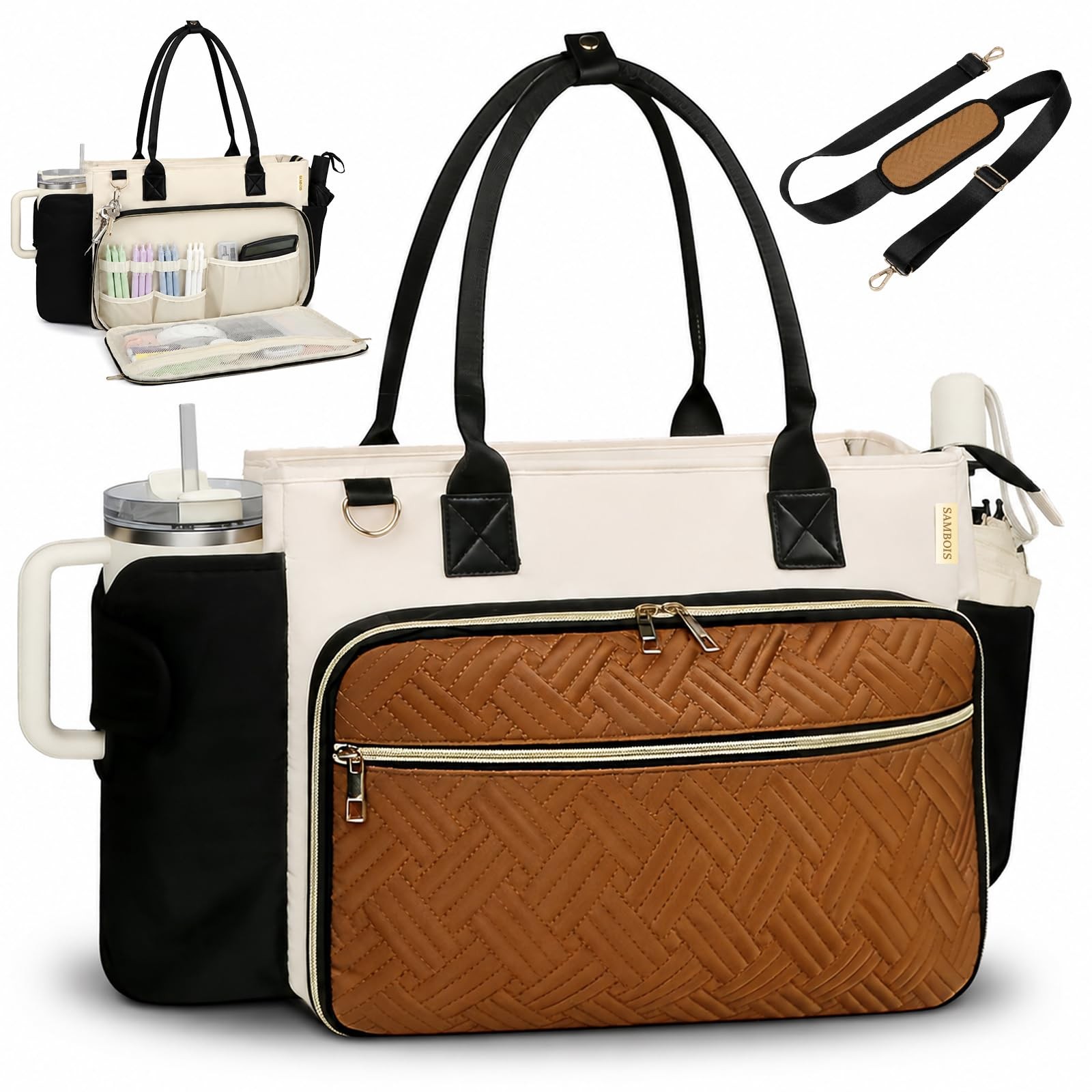 Teacher Tote Bag for Women with Large Cup Holder& 15.6 Inch Laptop Compartment,