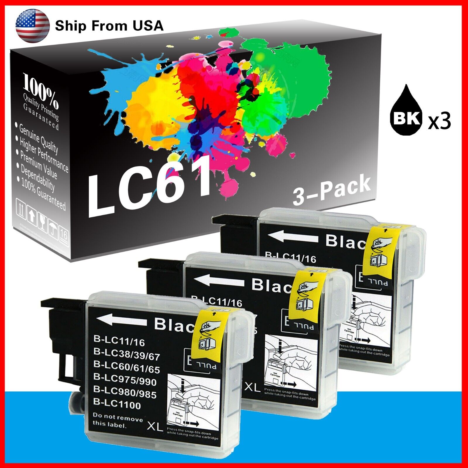 (3PK,Black) LC61 LC61BK Ink Cartridge LC-61 for MFC-6490CW 6890CDW Printer