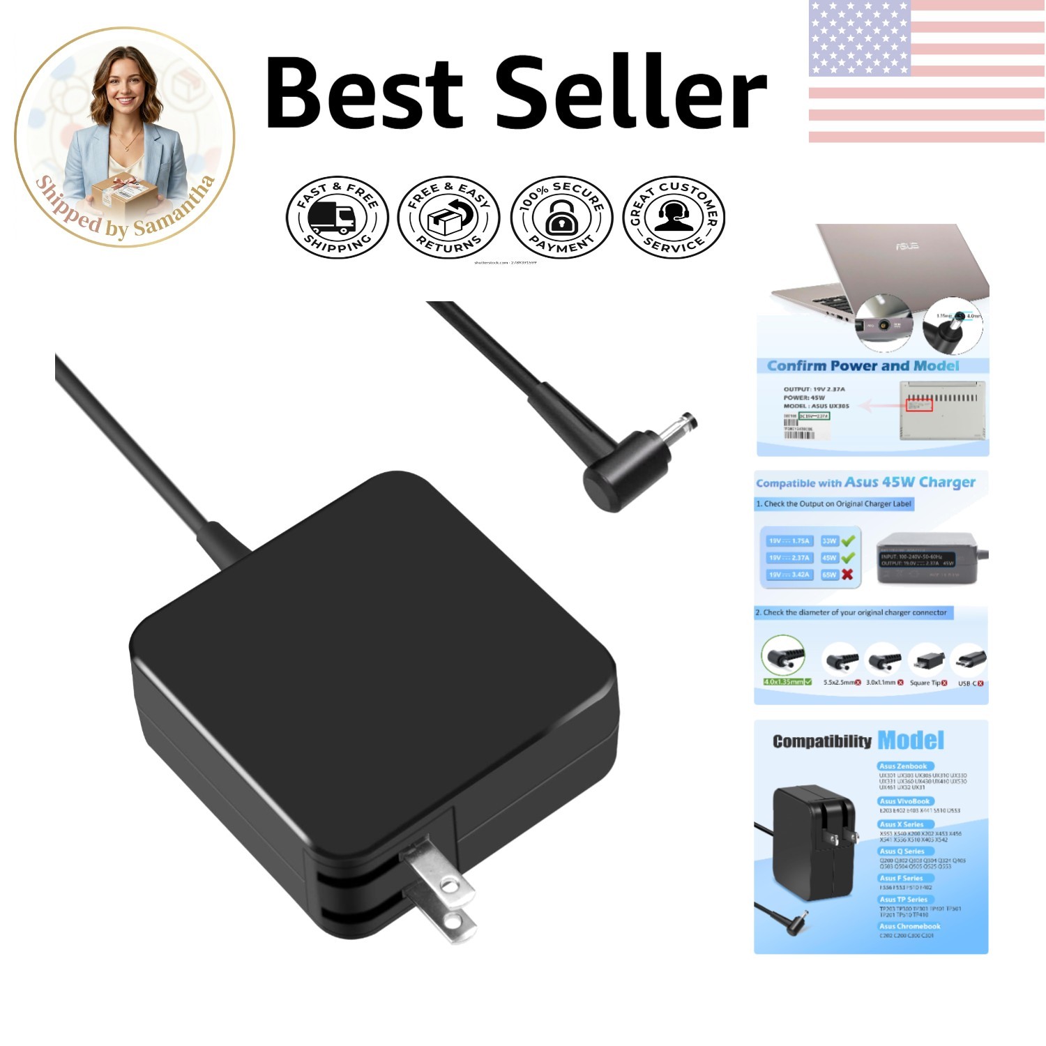 45W ASUS AC Adapter with USB Cables - Power Supply for Multiple Models