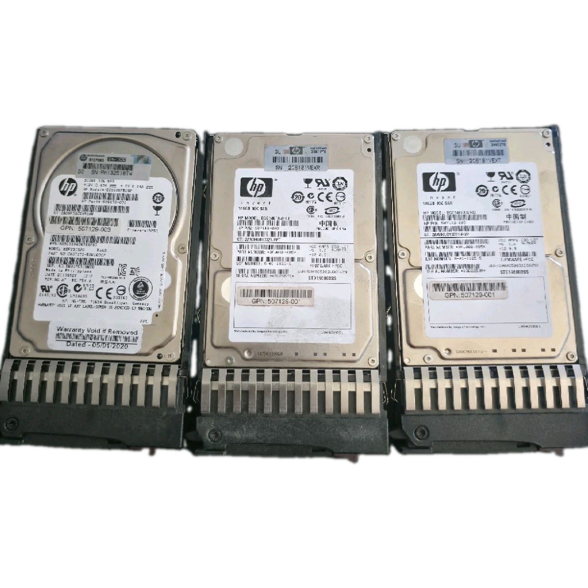 Lot of 3 HP SAS Server Hard Drives w/ Caddies - 2x 146GB + 1x 300GB 10K