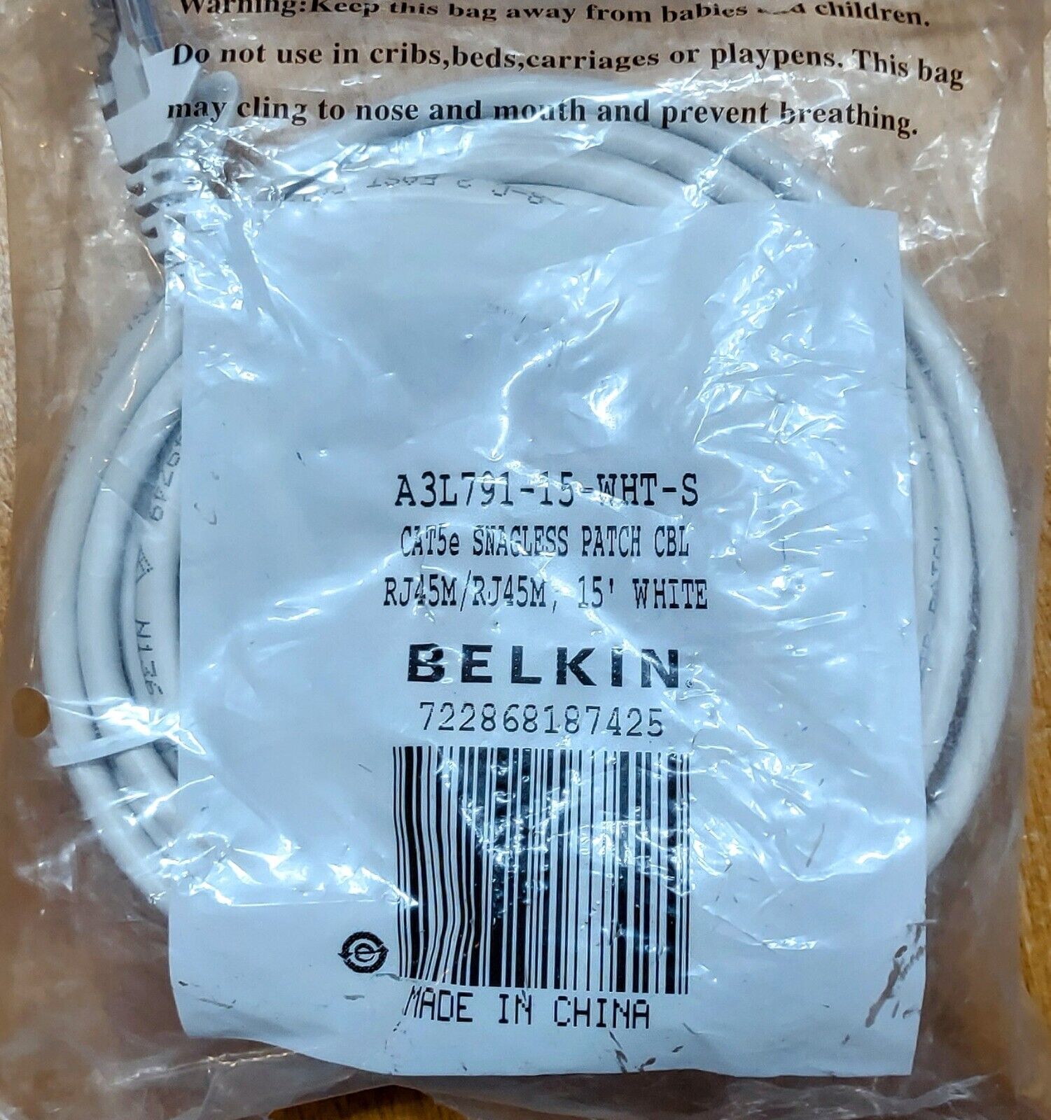 Belkin A3L791-15-Wht-s Cat5e Snagless Patch Cbl Rj45m/Rj45m 25' White
