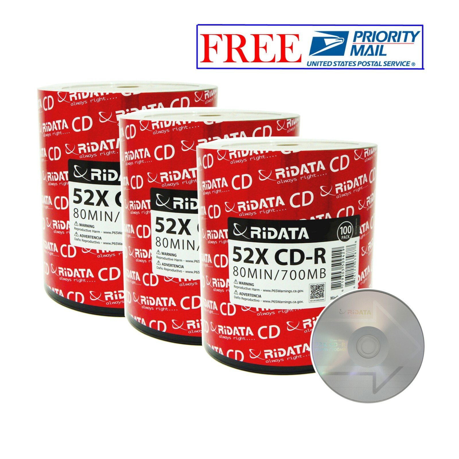 300 Pack Ridata CD-R 52X 700MB/80Min Branded Logo Blank Media Recordable Disc