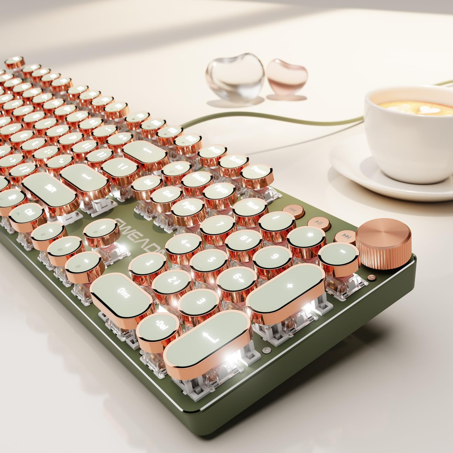 Wired Typewriter Mechanical Keyboard, Low Noise Retro Punk Keyboard with Media K