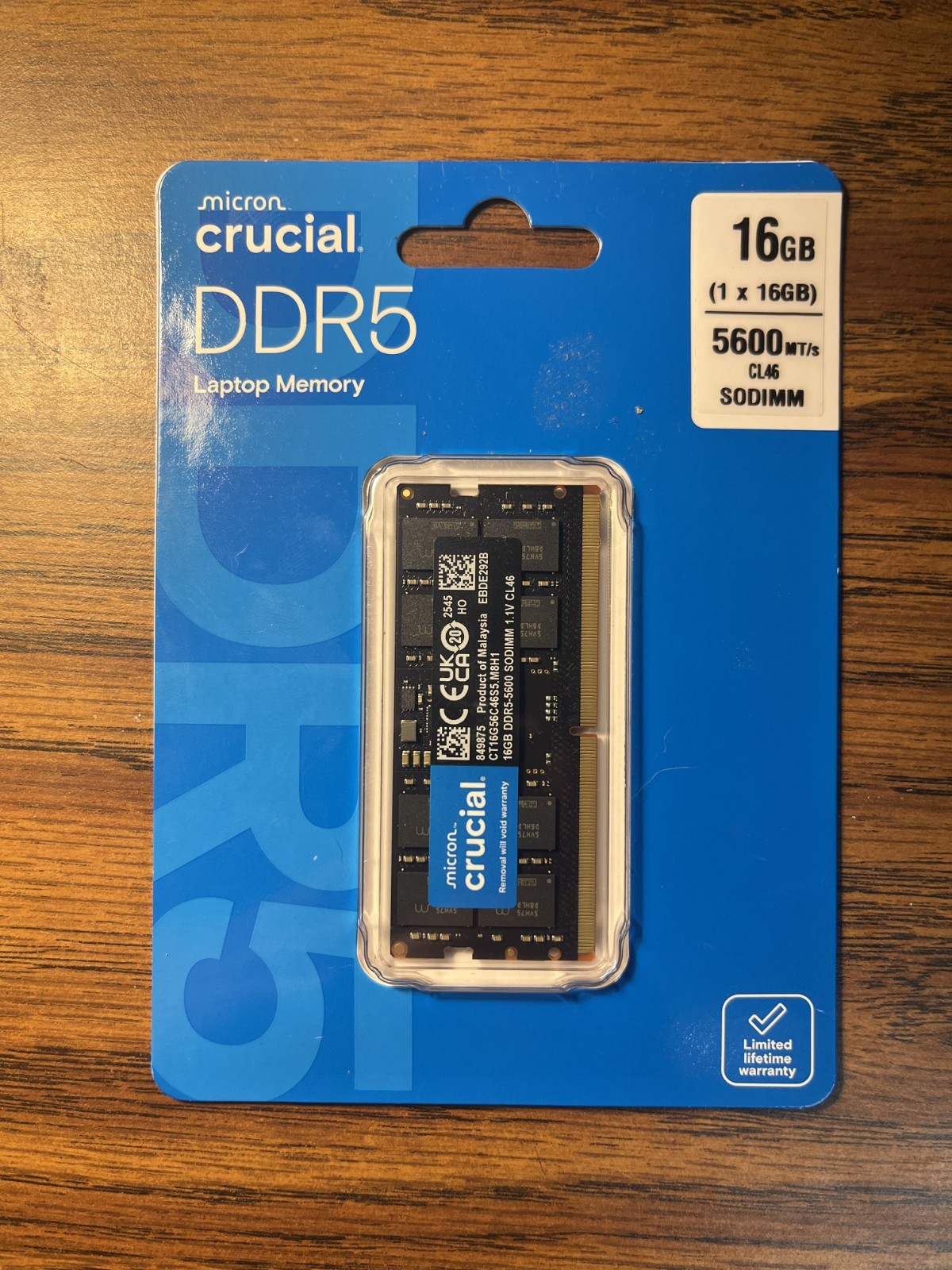 Crucial 16GB DDR5 5600MHz CL46 SODIMM Laptop Memory RAM (CT16G56C46S5)