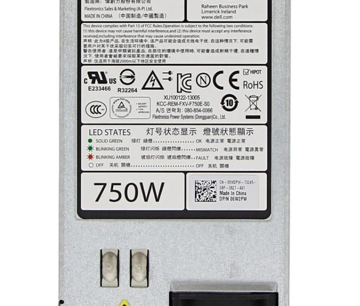 FOR DELL R620 520 720 820 920 750W Power Supply F750E-S0 06W2PW 0N30P9 05NF18