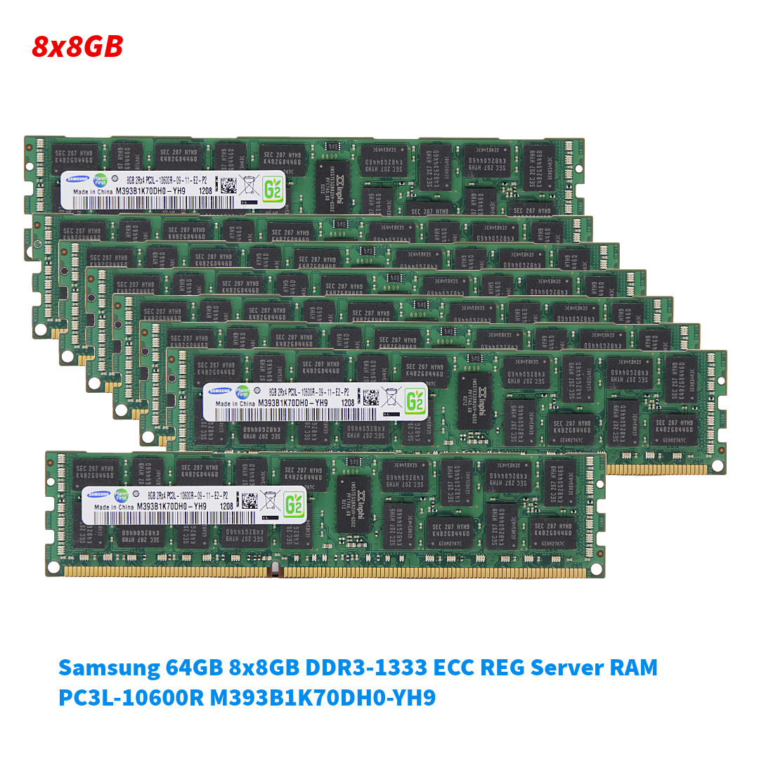 Samsung 64GB 8x8GB DDR3-1333 ECC REG Server RAM PC3L-10600R M393B1K70DH0-YH9 
