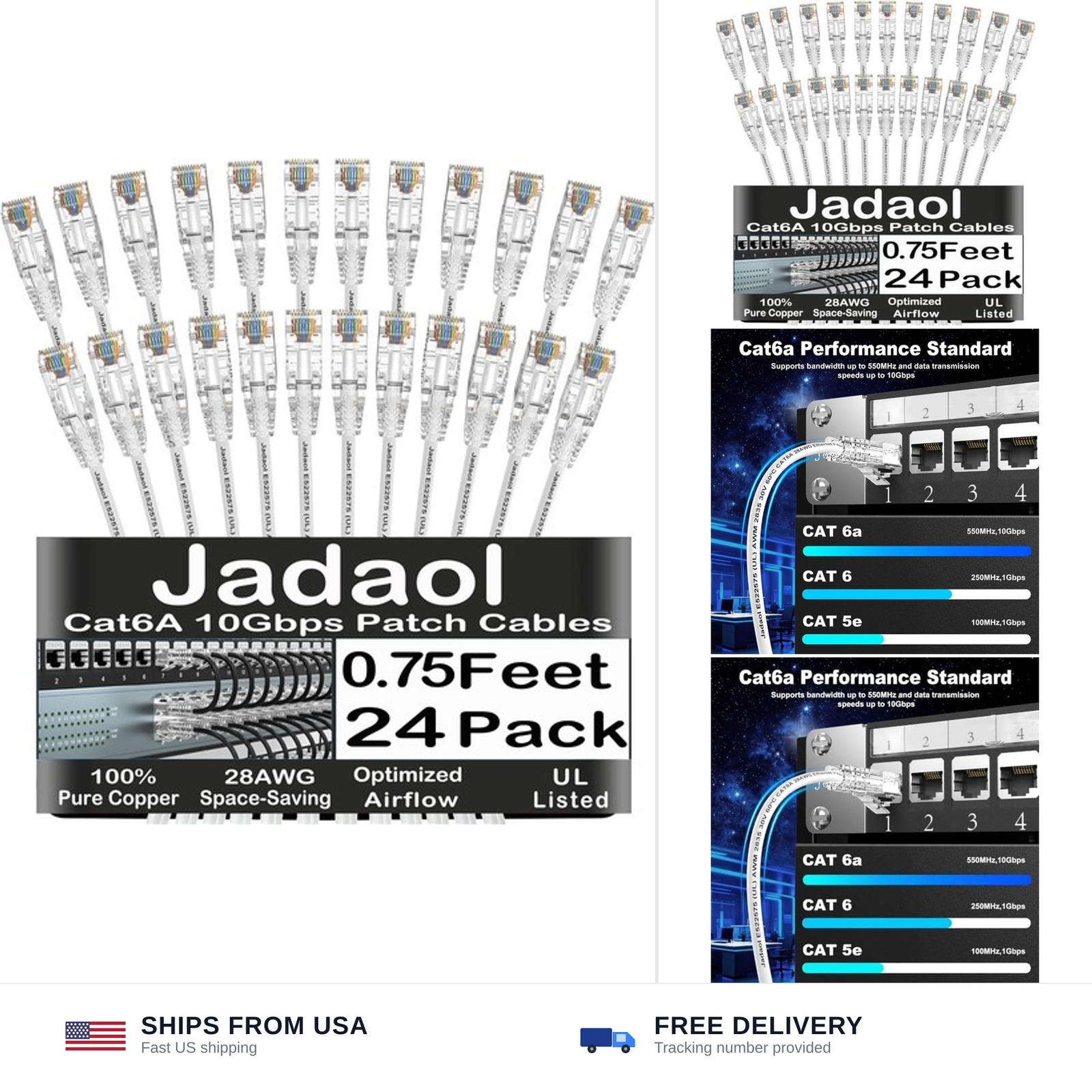 Jadaol UL Listed Patch Cables Cat 6a / Cat 6 0.75 ft 24-Pack, 10Gbps 550MHz S...