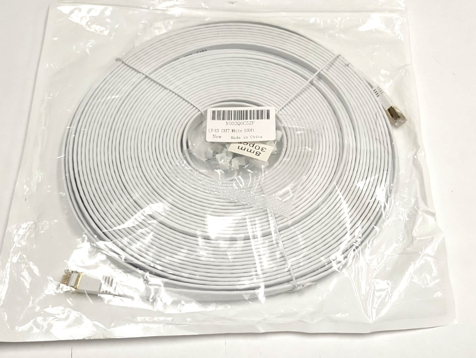 100FT Flat Cat 7 CAT-7 - White cable w Gold Connectors Cat6 Cat7  X002Q6C5ZF