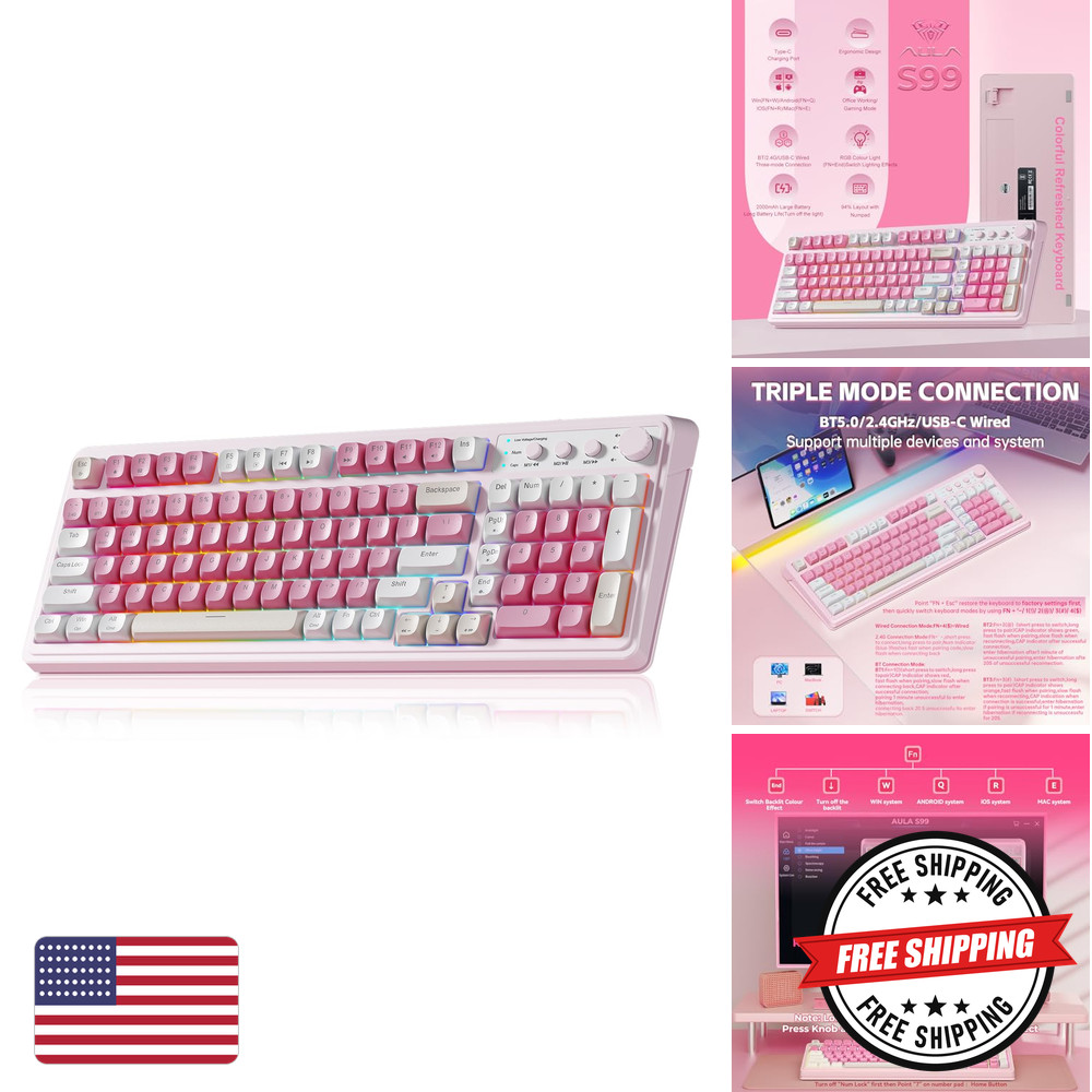 AULA 99 Key Keyboard, Wireless Pink Gaming Keyboard Creamy with Number Pad