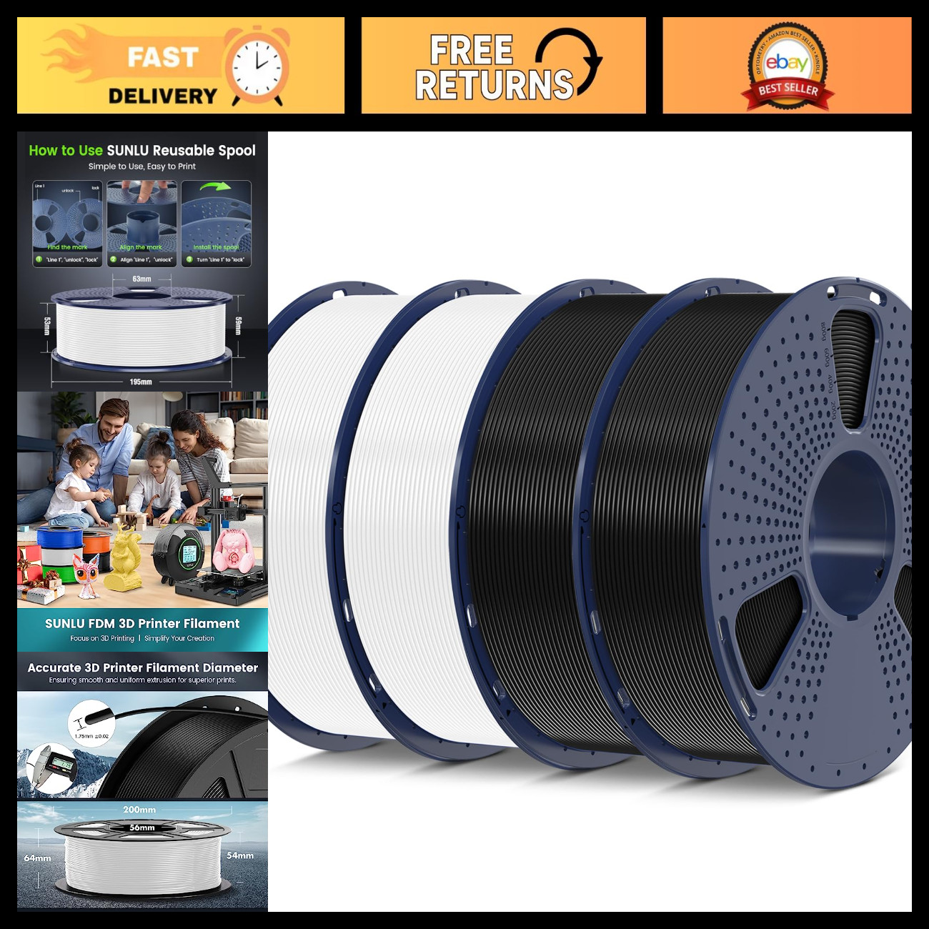 High-Quality PLA 3D Printer Filament - Black & White, 4KG, Eco-Friendly, Smooth