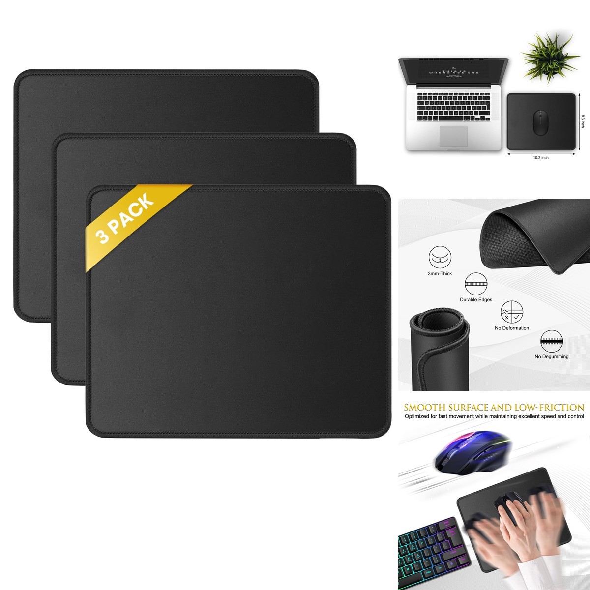 JIKIOU 3 Pack Mouse Pad Stitched Edge 10.2x8.3in Black