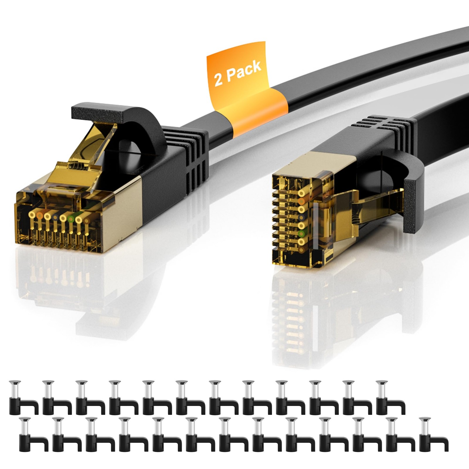 2 PCS Cat 7 Ethernet Cable 4 FT Flat High Speed 10Gbps 600MHz Shielded Black