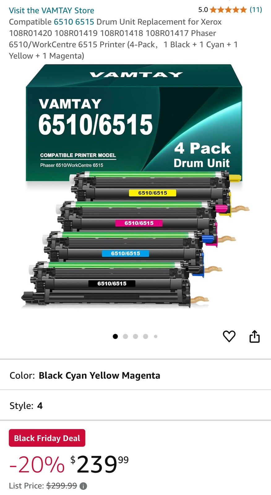 6510 6515 Black Cyan Magenta Drum Cartridge Replacements for Xerox Phaser Sealed
