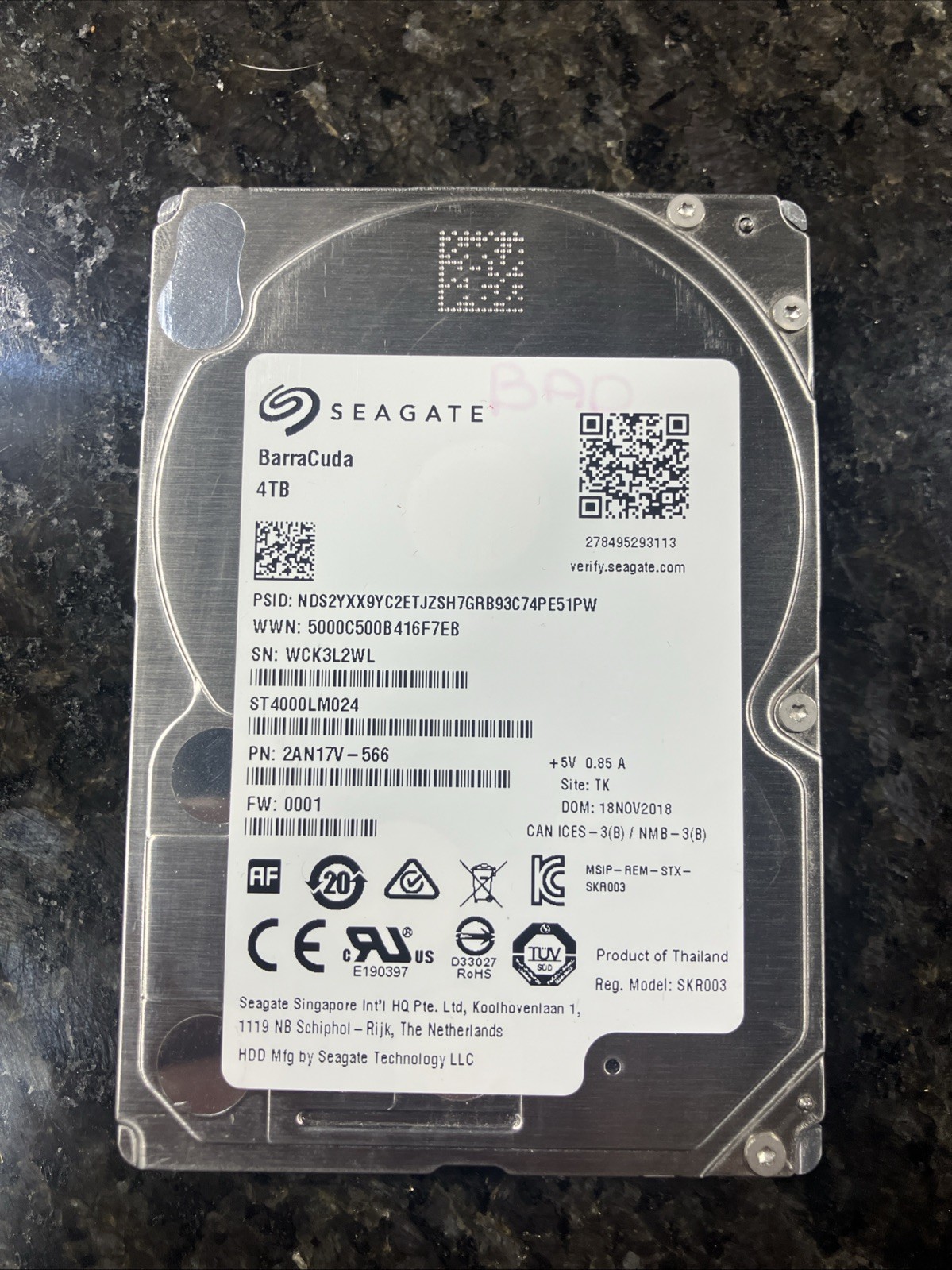 ST4000LM024 P/N: 2AN17V-566 F/W: 0001 S/N: WCK4Q 4TB NOV 2018 FOR PARTS AS IS