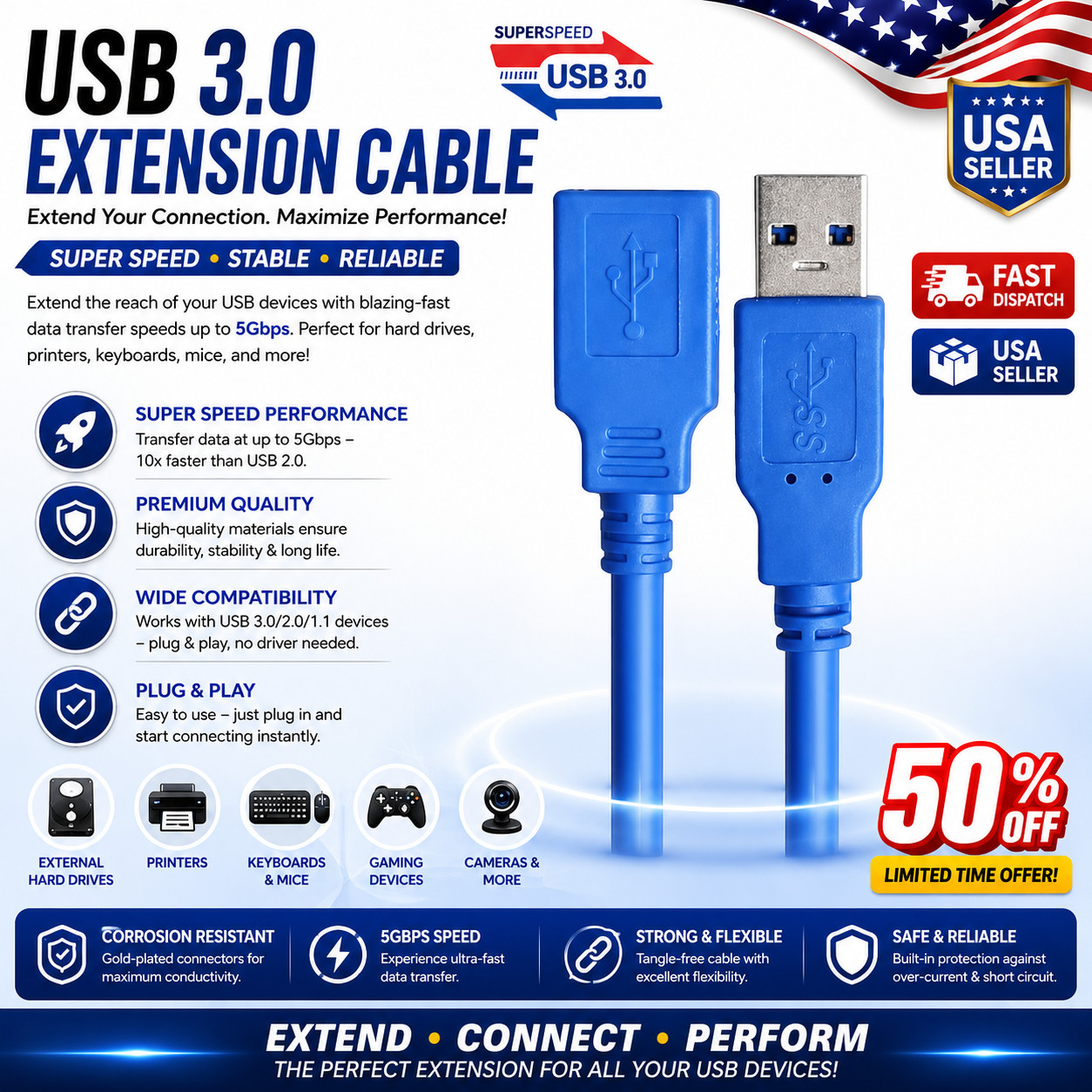 USB 3.0 A Male AM to USB 3.0 A Female AF USB3.0 Extension Cable 0.5m 1m 1.5m 3m 