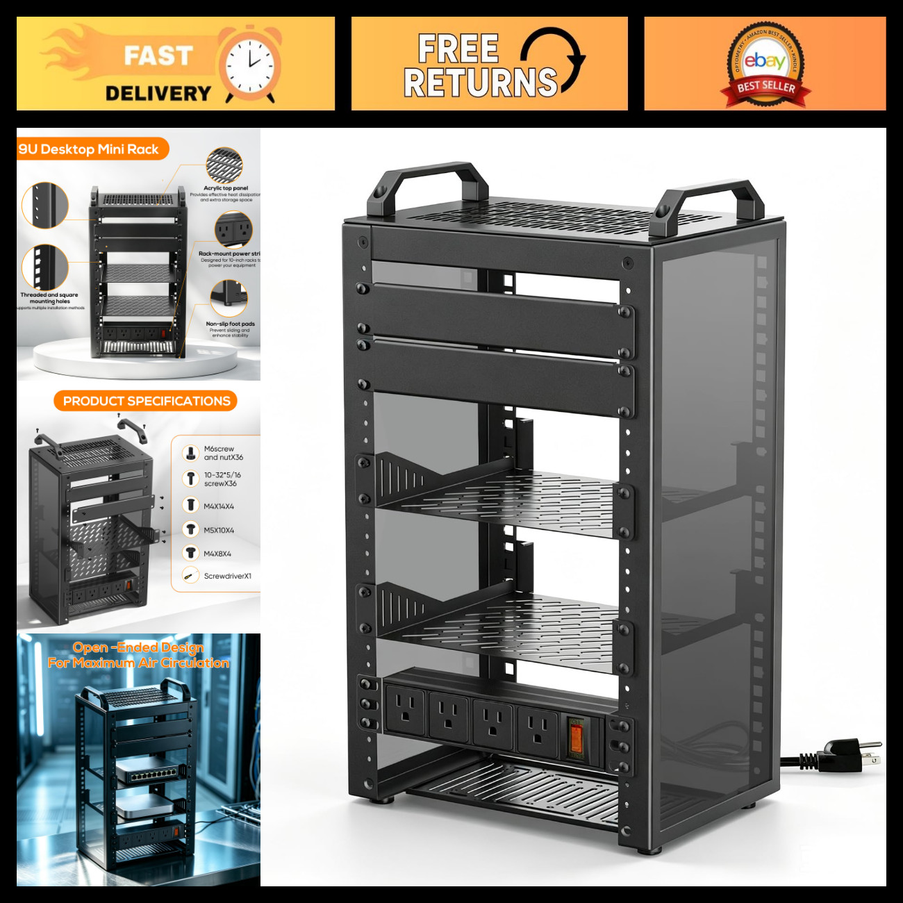 10-Inch Mini Server Rack 9U Network Rack with PDU Power Supply - Compact & Durab
