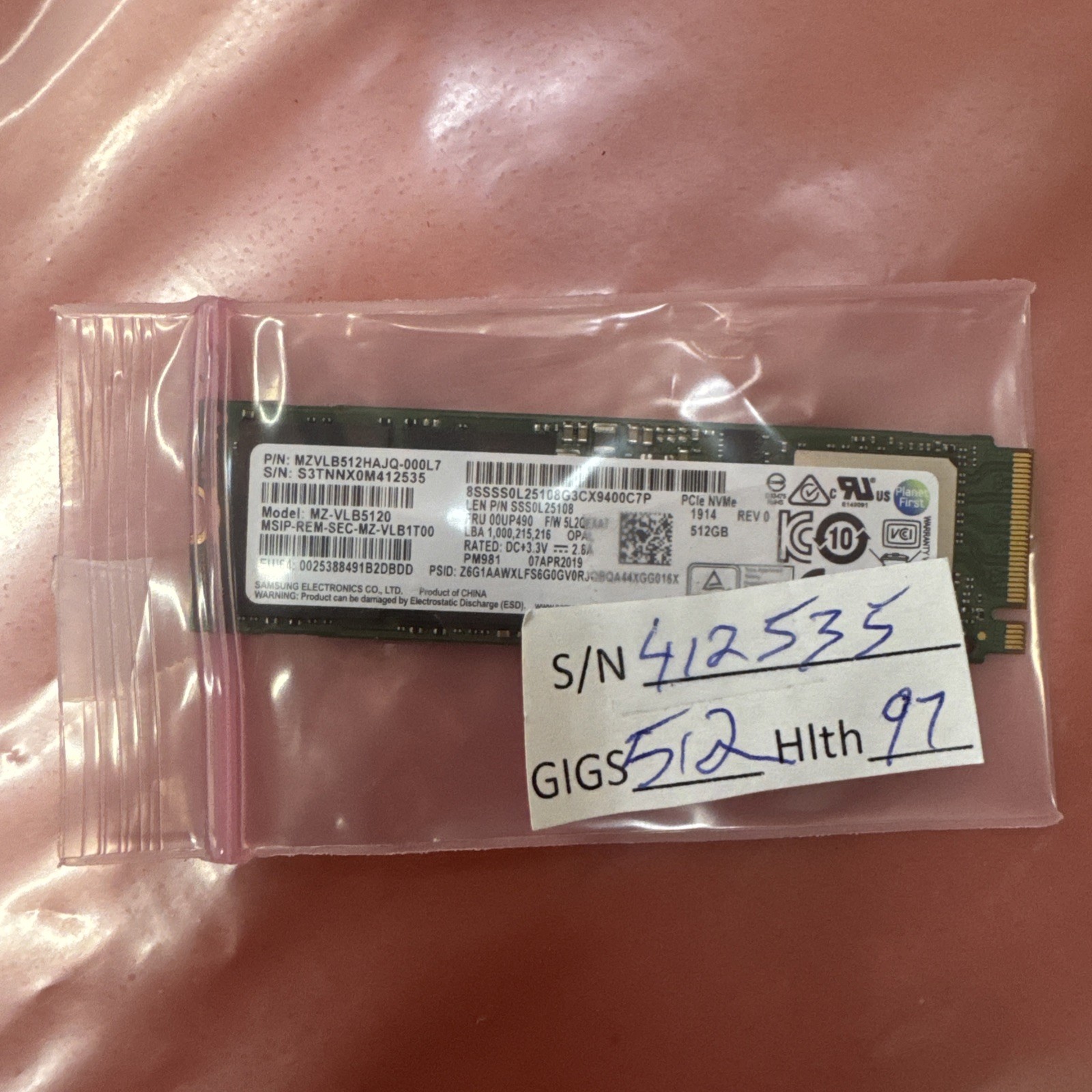 Samsung SSD MZ-VLB5120 PM981 512GB NVMe M.2 2280 PCIe Gen3x4 2.5" SSD, 97%