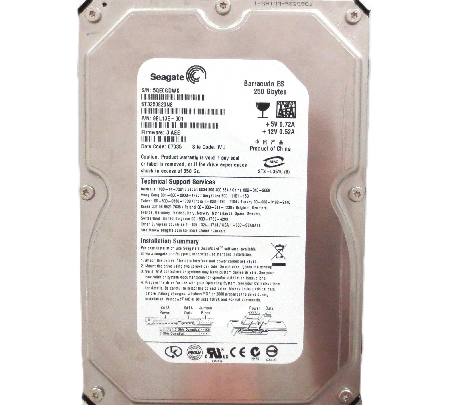Seagate ST3250820NS 9BL13E-301 3.AEE WU (5QE) China 250gb Sata 3.5" HDD 07/2006