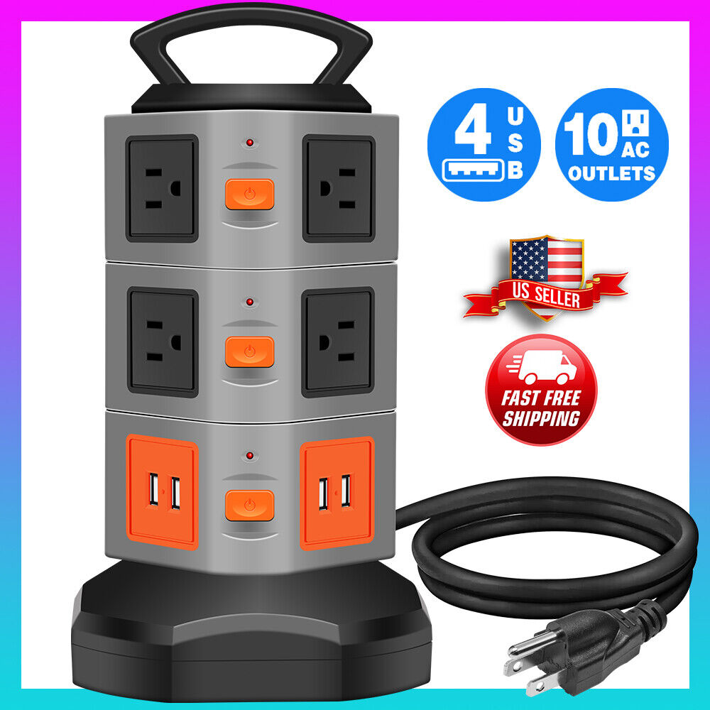 Power Strip Tower Surge Protector 10 outlet 4 USB ports Charging Station  6FT 