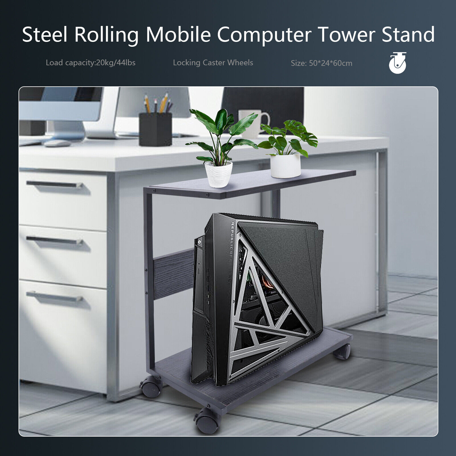 2-Tier Metal PC Desktop Holder CPU Stand Computer Tower w/ Lockable Caster Wheel