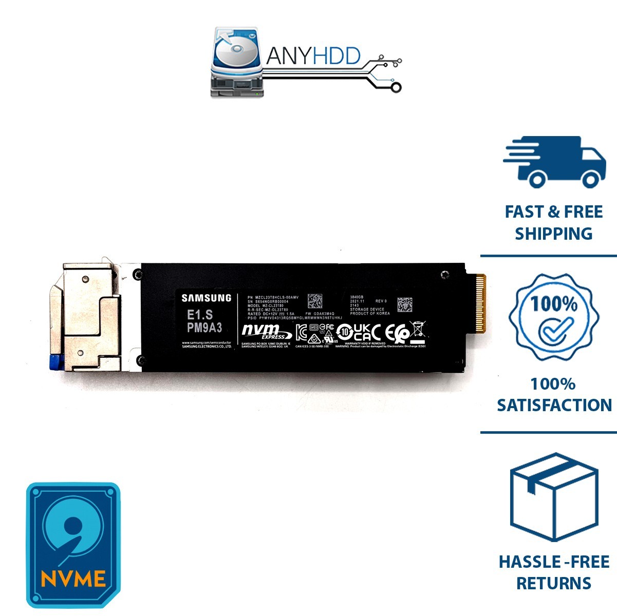 Samsung PM9A3 3.84TB NVMe SSD E1.S EDSFF - MZCL23T80 - MZCL23T8HCLS - HARD DRIVE