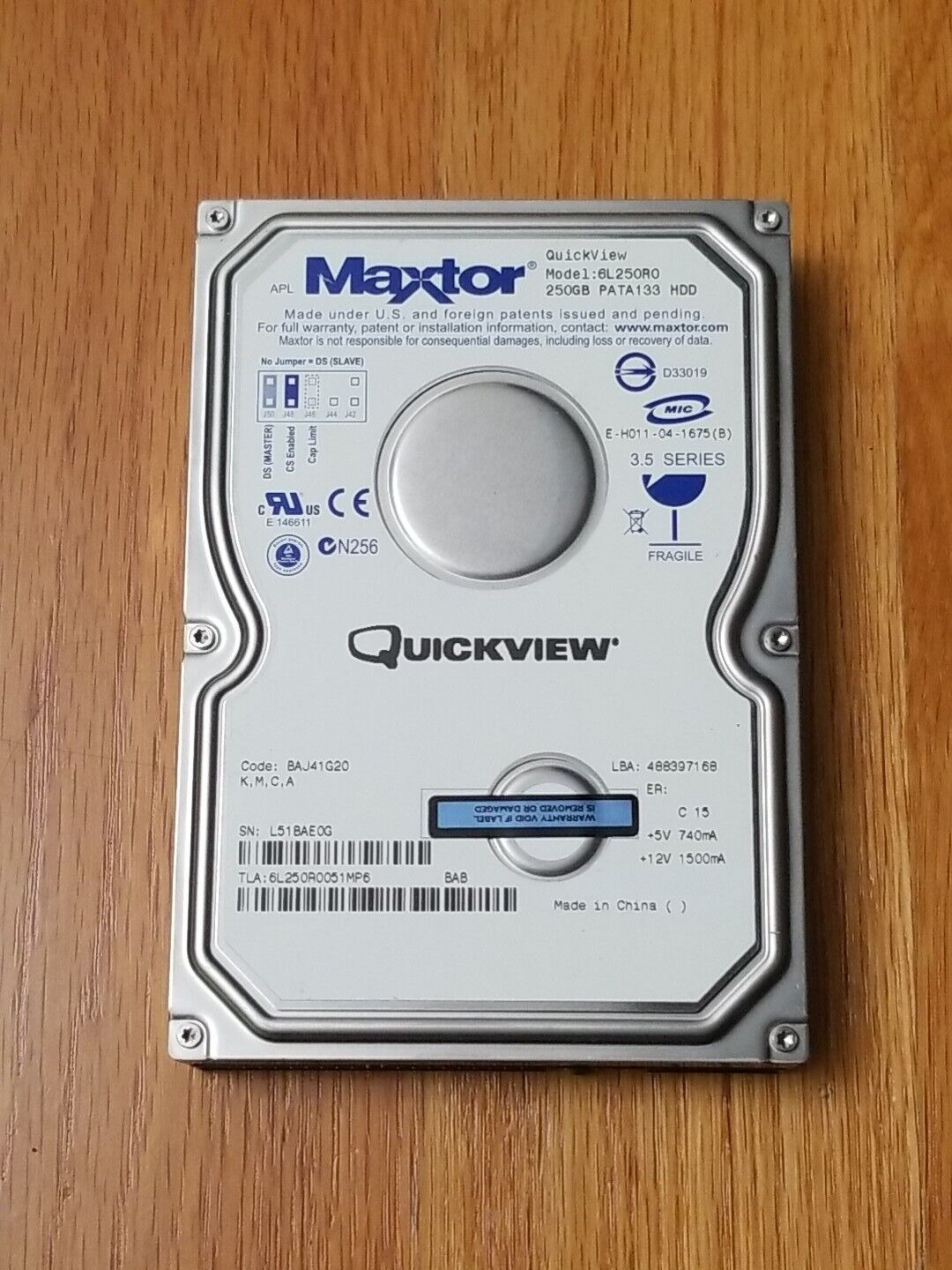 Maxtor Quickview 6L250R0 250GB IDE Hard Drive Code: BAJ41G20