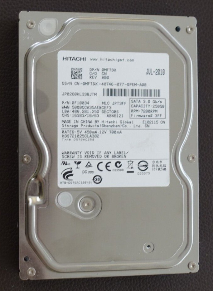Hitachi 250GB SATA 300 - 3Gbps 8MB 7200 RPM 3.5" Hard Drive HDD, Tests Good