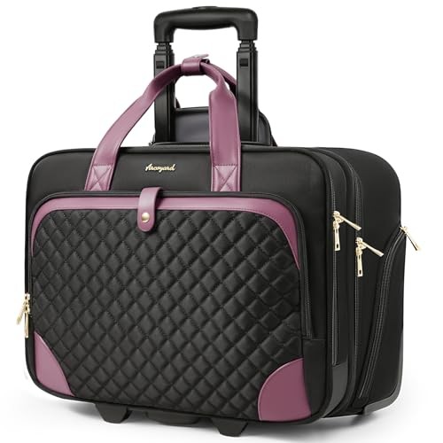 Rolling Laptop Bag, Large Rolling Briefcase for Women 17-inch Black Purple