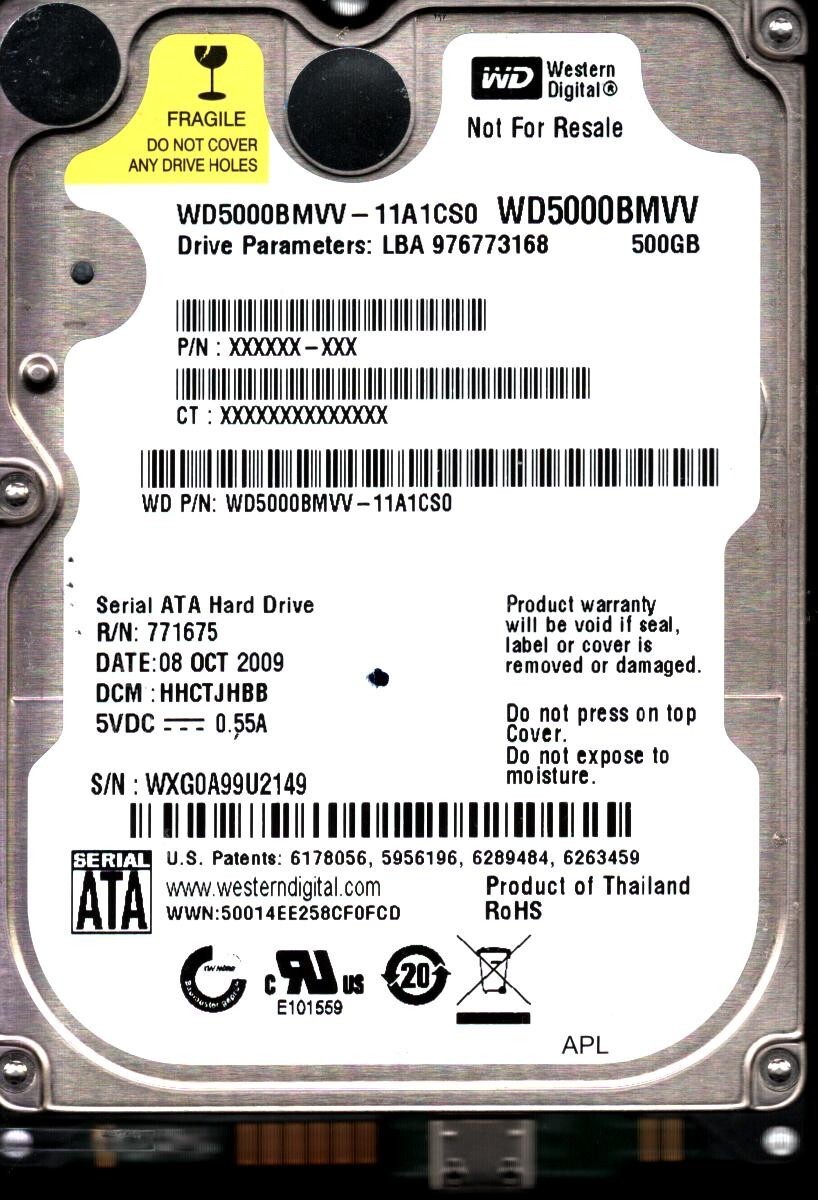 WD5000BMVV-11A1CS0 S/N:WXG0A DCM:HHCTJHBB WESTERN DIGITAL 500GB THAILAND OCT2009