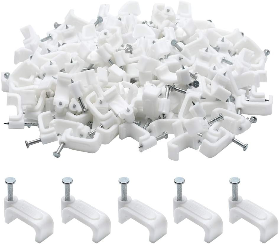 100Pcs 14Mm Flat Ethernet Cable Wire Clips Single Coaxial Cable Clamps with Nail