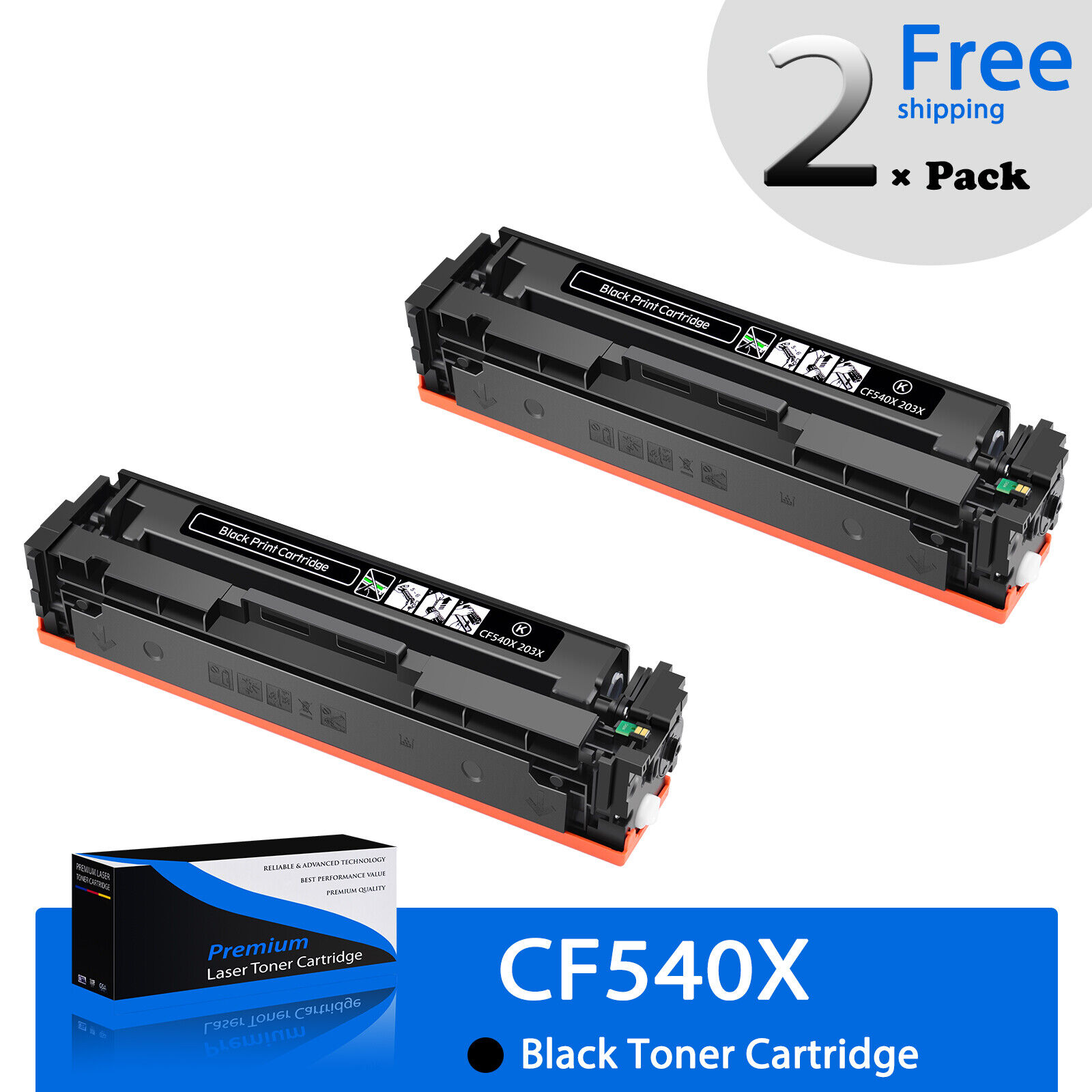 2PK BK Toner Cartridge Fit for HP CF540X 203X Color LaserJet Pro M254nw M254dw
