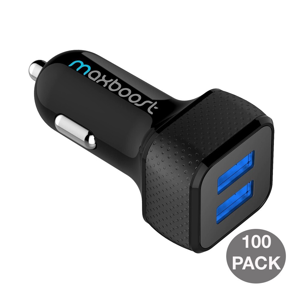 Maxboost USB Car Charger 100 Pack ,  4.8A/24W [Black] Compatible iPhone, Android