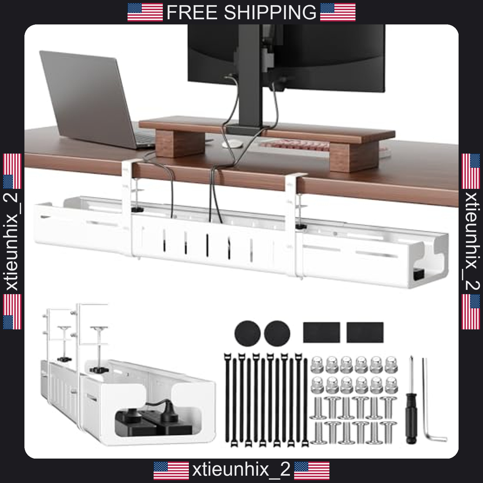 Adjustable Under Desk Cable Management Tray White 25.2-38.6 Inches